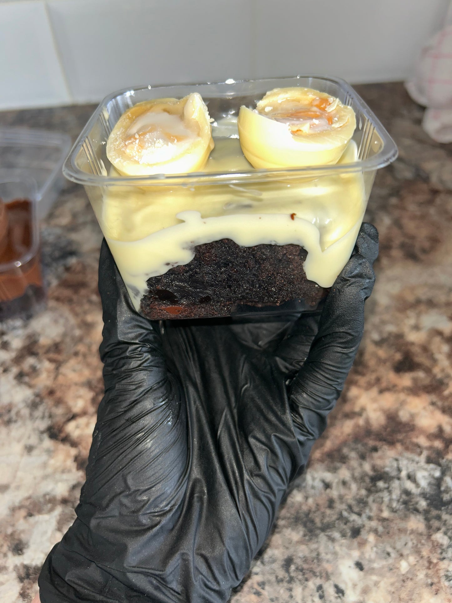 White chocolate brownie pot with a white cream egg